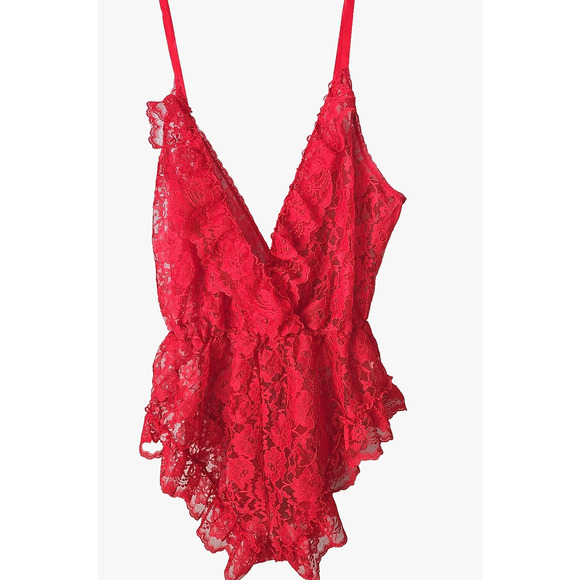 Vtg Val Mode Red Lace Teddy Lingerie LARGE Ruffle French Cut Whimsigoth Sexy - Picture 1 of 9